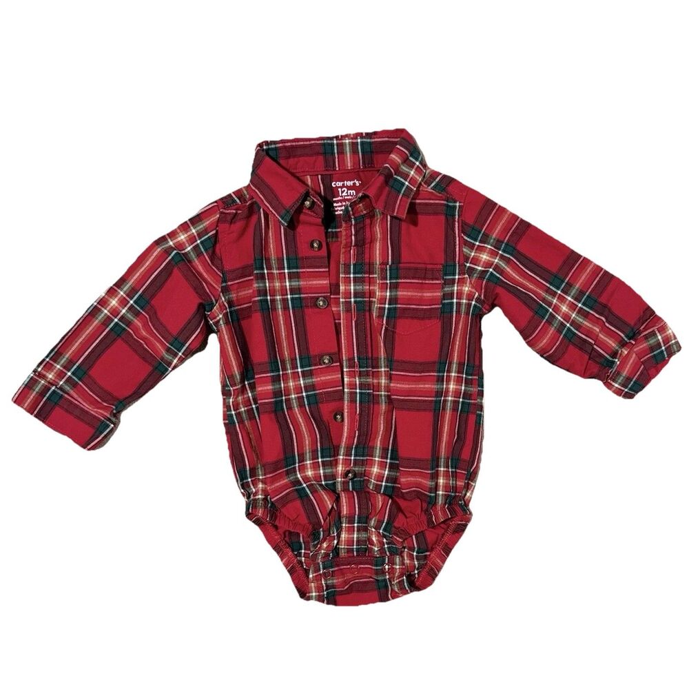 Carters Red Plaid Button Down Collared Dress Shirt Boys 12M Easter 2024 12-18M